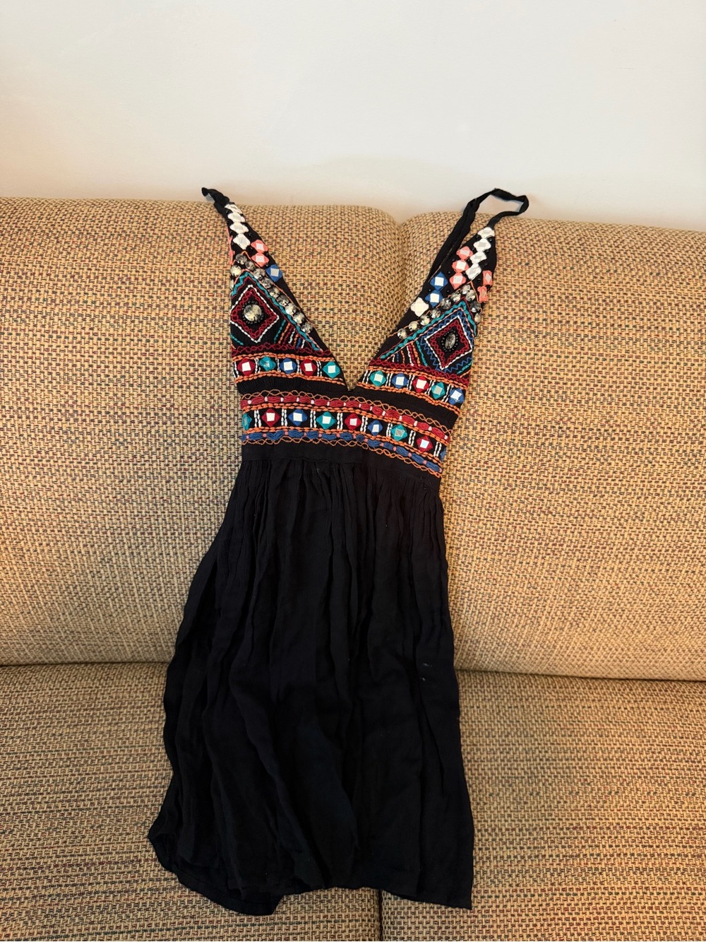 RAGA Black Mini Dress with Multicolor Embroidered Bodice